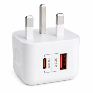 20W PD + QC3.0 Fast Charging Wall Charger UK Plug with LED Indicator