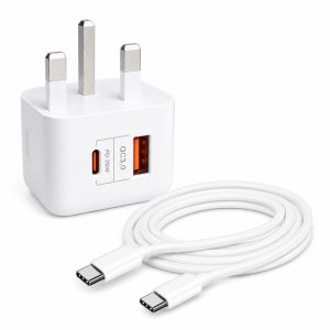 20W PD + QC3.0 Fast Charging Wall Charger UK Plug with LED Indicator With TYPE-C to TYPE-C Cable